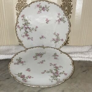 2 Haviland Limoges France Antique Pink Floral‎ Double Gold Rim Luncheon 488